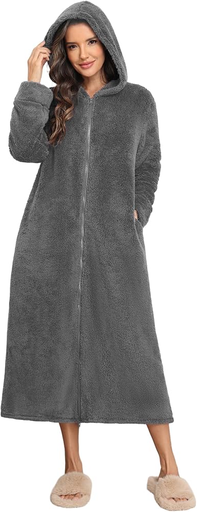 Ekouaer Fleece Robes for Women Hooded Plush Zipper Front Long Bathrobe Warm House Robe Sleepwear with Pockets