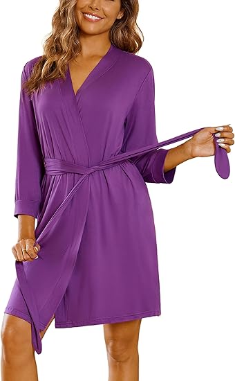 Ekouaer Women??s Robes Lightweight 3/4 Sleeve Short Knit Bathrobe Soft Knee Length Sleepwear Robes with Pockets