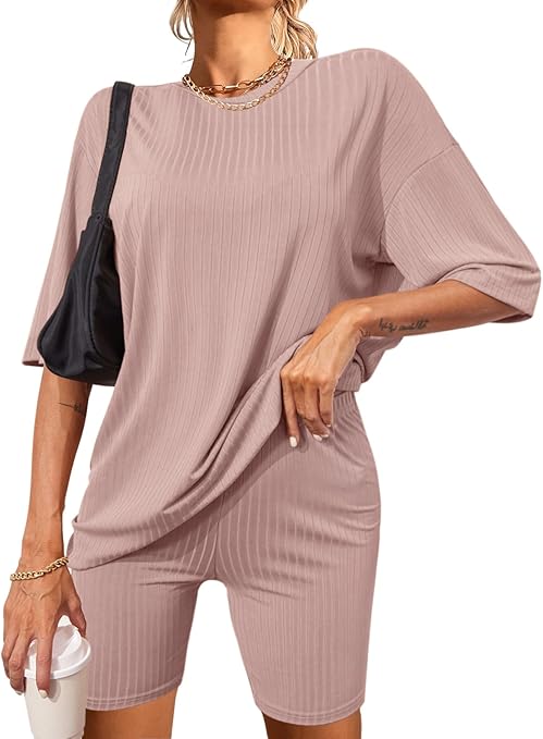 Ekouaer Pajamas 2 Piece Lounge Sets Ribbed Knit Matching Outfits T-shirt Biker Shorts Sleepwear Loungewear Sweatsuits