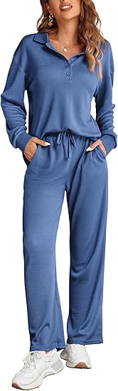 Ekouaer Womens 2 Piece Matching Lounge Sets Fall Outfits 2025 Sweatsuit Waffle Knit Pajamas Sets Long Sleeve Sweater Clothes