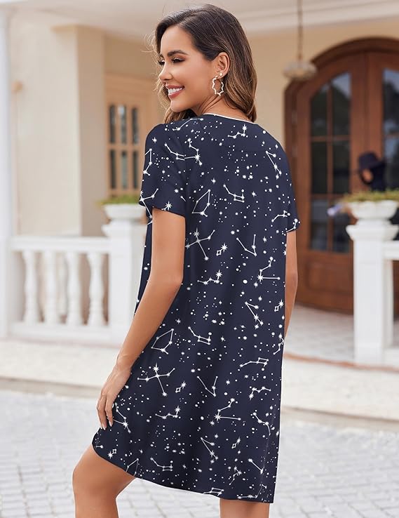 Ekouaer Nightgowns for Women 2 Pack Button Down Sleepshirt Short Sleeve Nightshirt Soft Sleepwear V Neck Pajama Dress