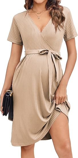 Ekouaer Women Short Sleeve Maternity Nursing Dress Casual V Neck Breastfeeding Loungewear Ribbed Knit Pregnancy Dresses