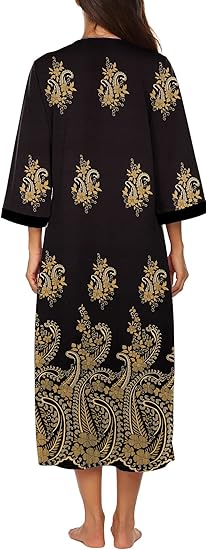 Ekouaer Women Zipper Robe 3/4 Sleeves Loungewear Dress Full Length Sleepwear Pockets Housecoat Nightgown Long Bathrobe