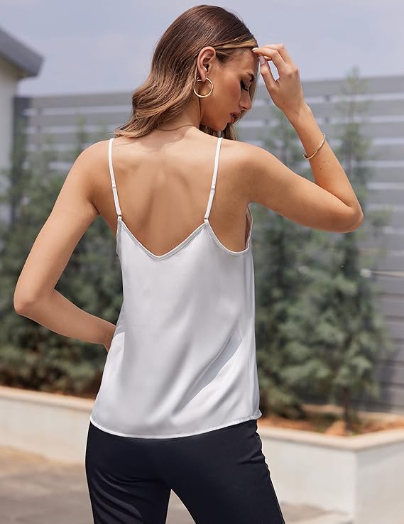 Ekouaer Women's Lace Silk Satin Pajama Tank Tops V Neck Camisole Soft Spaghetti Strap Tops Loose Sleepwear