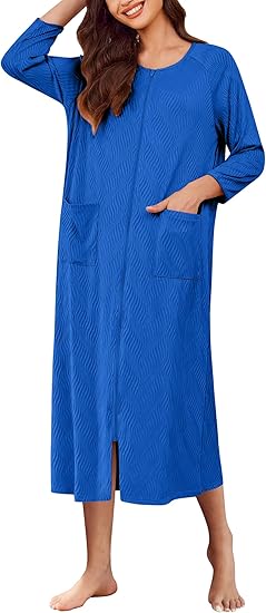 Ekouaer Zipper Robes for Women Ribbed Knit Bathrobe Lightweight Full Length Loungewear with Pockets