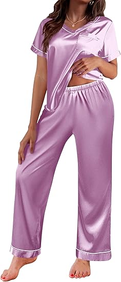 Ekouaer Satin Pajamas for Women Short Sleeve Silk Pajama Sets Soft Sleepwear Top with Causal Long Pj Pant