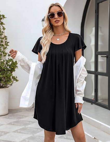 Ekouaer Womens Nightgown Soft Sleepwear Pleated Sleepshirt Sleep Dress Short Sleeve Nightdress