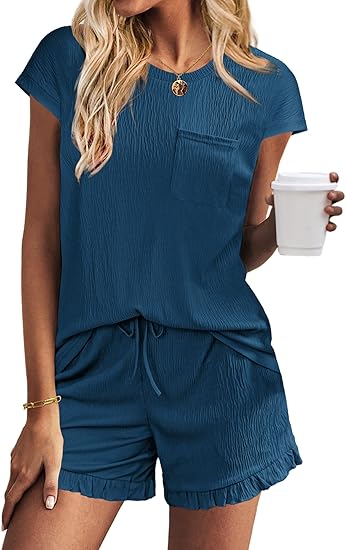 Ekouaer Womens Pajama Set Cap Sleeve Tops and Ruffle Shorts Lounge Set 2 Piece Pj Sets Casual Sleepwear with Pockets