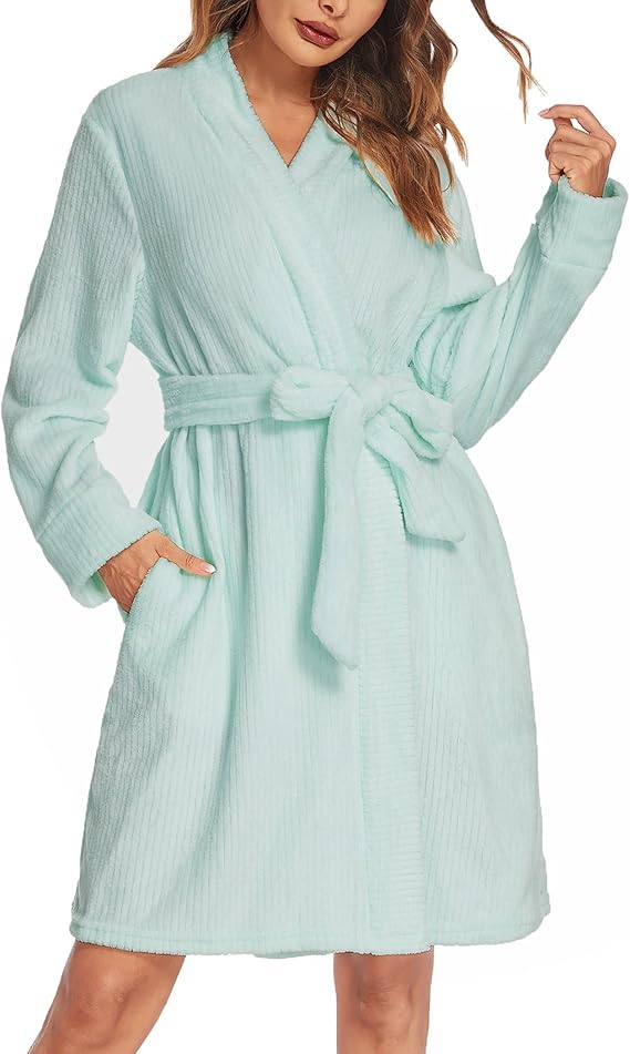 Ekouaer Women Fleece Bathrobe Plush Short Robe Long Sleeve Robe Attached Belt Soft Sleepwear Ladies Loungewear