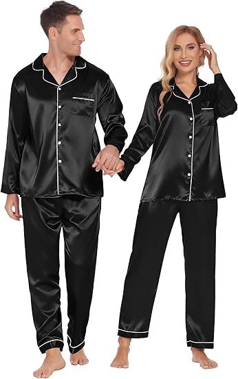 Ekouaer Couples Matching Pajamas Silk Long Sleeve Sleepwear Satin Soft Button Down Loungewear Pjs Set