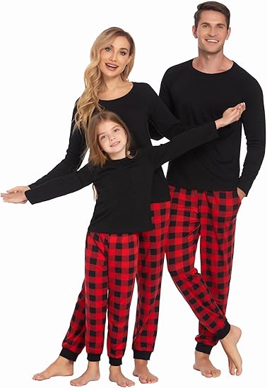 Ekouaer Family Matching Pajamas Christmas Sleepwear Long Sleeve Sleep Shirt with Plaid Pants Soft Loungewear Pjs Set