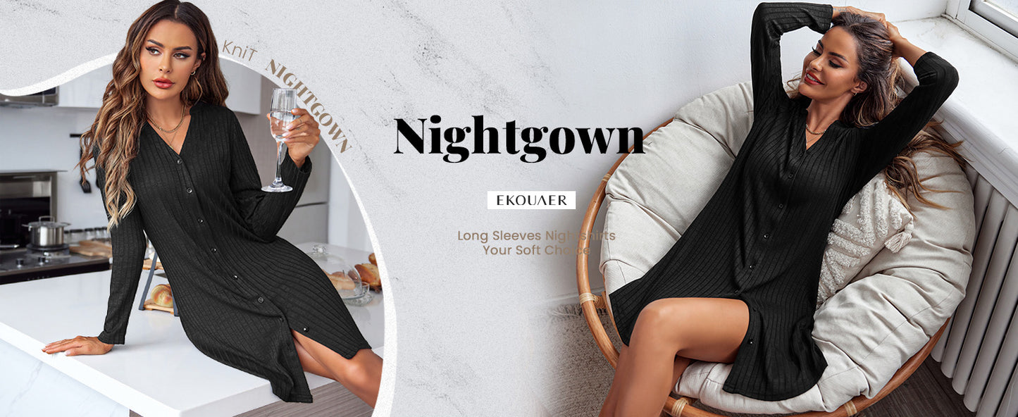 Ekouaer Nightgowns for Women Button Down Night Shirt Long Sleeve Ribbed Knit V-Neck Sleepwear Pajama Dress