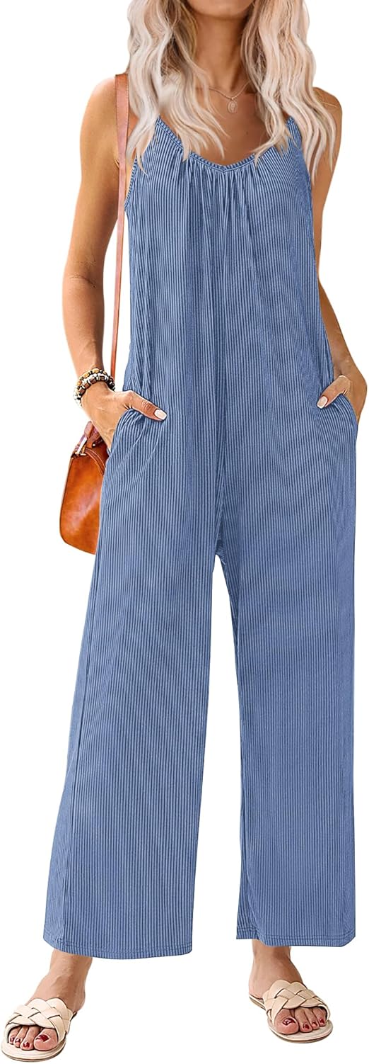 Ekouaer Sleeveless Womens Jumpsuits Ribbed Adjustable Spaghetti Strap Loose Long Pants Romper Jumpsuit