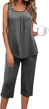 Ekouaer Capri Pajama Sets for Women 2 Piece Soft Cute Pjs Round Neck Sleeveless Lounge Set for Summer Sleepwear