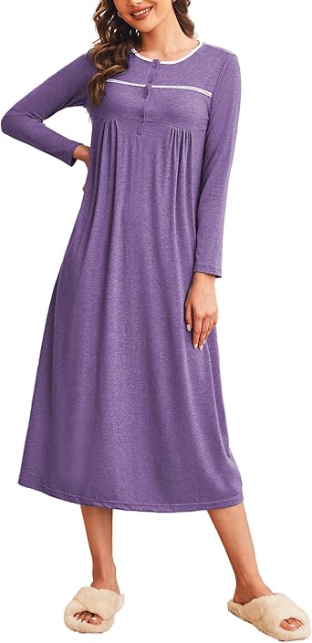 Ekouaer Women Long Sleeve Nightgowns Soft Henley Sleepshirts Full Length Sleep Dress