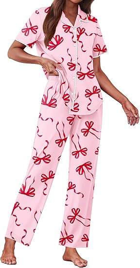Ekouaer Women's Pajama Sets Button Down Loungewear Short Sleeve Sleepwear 2 Piece Pants Pjs Set with Pockets