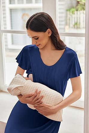 Ekouaer Nursing Nightown Labor and Delivery Gown for Hospital Pleated Breastfeeding Dress Short Sleeve Maternity Sleepwear