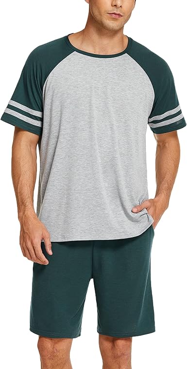Ekouaer Mens Pajama Short Sets Short Sleeve Crewneck Pajama Lounge Set Raglan Sleepwear