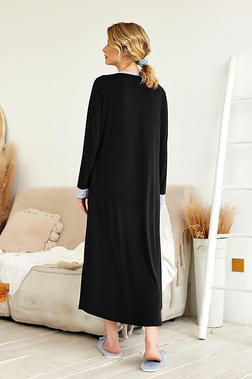 Ekouaer Womens Nightgown Long Loungewear V Neck Nightshirt Sleepwear Full Length Sleepshirt with Pockets