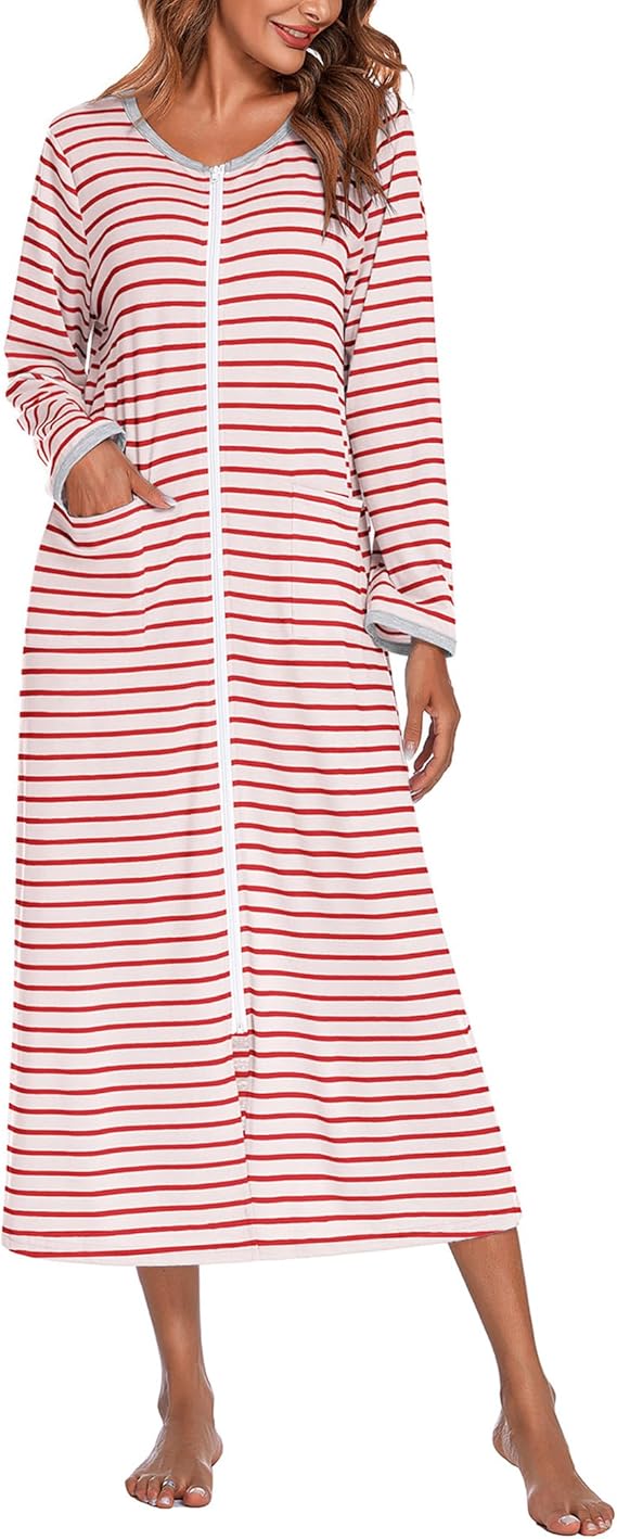 Ekouaer Women Long House Coat Zipper Front Robes Full Length Nightgowns with Pockets Striped Loungewear
