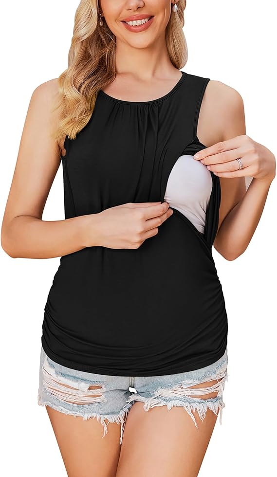 Ekouaer Womens Nursing Tank Tops for Breastfeeding Shirts Sleeveless Maternity Postpartum Clothes Black