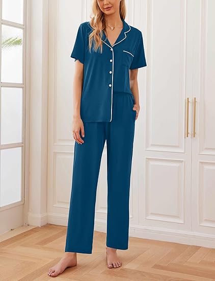 Ekouaer Women Pajamas Set Button Down Sleepwear Short Sleeve Nightwear with Long Pants Soft Pjs Set