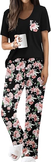 Ekouaer Pajama Sets for Women 2 Piece Short Sleeve Pj Sets With Long Printed Pants Sleepwear Casual Lounge Sets