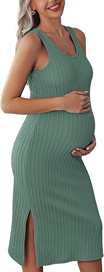 Ekouaer Women's Maternity Dress Rib Knit Sleeveless Tank Side Slit Bodycon Dresses Pregnancy Clothes