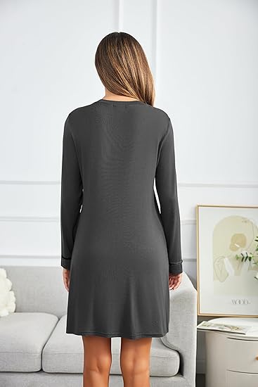 Ekouaer Womens Nightgown V-Neck Sleepwear Long Slevee Button Down Nightshirt