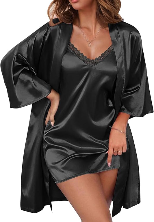 Ekouaer Women's Satin Robe Set Lace Lingerie Robe Wedding Nightgown 2pcs Cami Bride Party Silk Pajamas Set