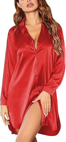 Ekouaer Satin Nightgown for Women Button Down Silk Sleepshirts V Neck Night Gown Long Sleeve Night Shirts