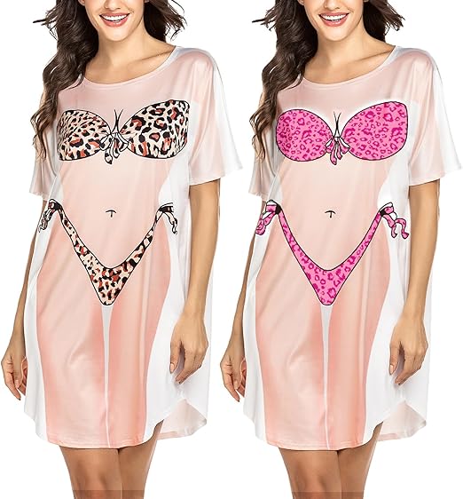 Ekouaer Womens Bikini Shirt Cover Up Short Sleeve Funny Bikini Print Cover-Up 2 Pack Cute Baggy Shirt Dress