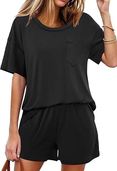 Ekouaer Women's 2 Piece Pajama Sets Short Sleeve Lounge Sets Soft Round Neck Top and Shorts Sleepwear