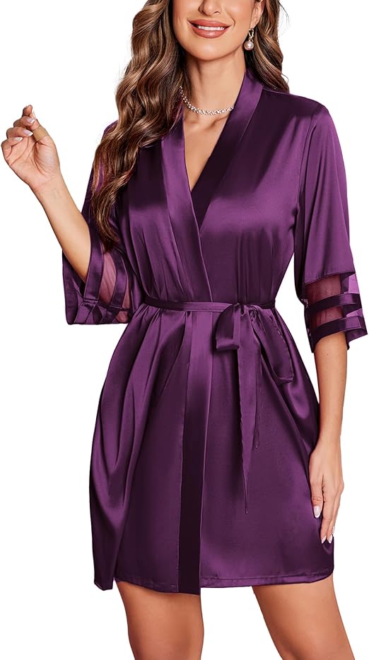 Ekouaer Women's Satin Robe Silk Bathrobe Bridesmaid Wedding Bridal Party Robes 3/4 Bell Sleeve Sleepwear