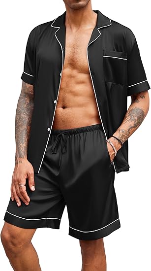 Ekouaer Mens Satin Pajamas Set Button-Down Short Sleeve Shirt Top Soft Silk Sleepwear Shorts with Pockets