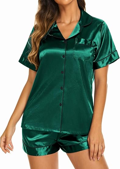 Ekouaer Silk Pajamas for Women Short Sleeve Sleepwear Soft Button Down Loungewear 2 Piece Satin Pjs Shorts Set S-XXL
