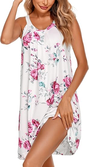 Ekouaer Women's Nightgown Sleeveless Sleepwear Wide Strap Sleep Shirt Pleated Scoopneck Nightshirt