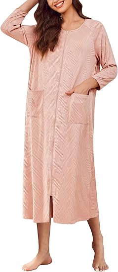Ekouaer Zipper Robes for Women Ribbed Knit Bathrobe Lightweight Full Length Loungewear with Pockets
