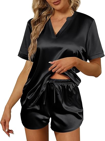 Ekouaer Silk Pajamas for Women Short Sleeve Satin Sleepwear Two-piece Pjs Set Soft V Neck Loungewear