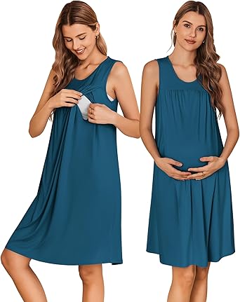 Ekouaer Maternity Nursing Dress Nightgown Labor and Delivery Gown Sleeveless Pregnancy Breastfeeding Dresses