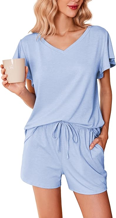 Ekouaer Women's Pajamas Set Ruffle Sleeves Sleepwear V Neck Comfy 2 Piece Pjs Loungewear Set with Pockets