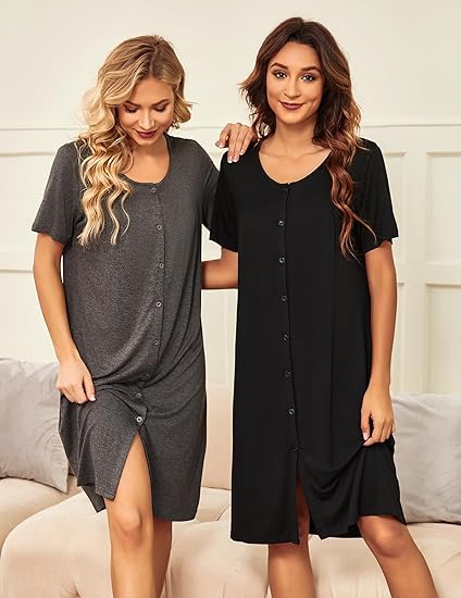 Ekouaer 3 Pack Women's Button Down Nightgowns Short Sleeve Night Shirts for Women Sleepwear V Neck Sleep Dress