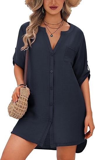 Ekouaer Bathing Suit Cover Up for Women V Neck Button Down Swimsuit Coverup Beach Dress Shirt