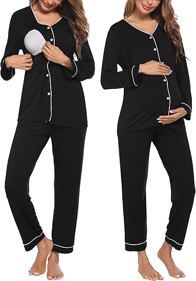 Ekouaer Maternity Pajama Set Button Down Nursing Pajamas Long Sleeve Breastfeeding Loungewear with Adjustable Pants