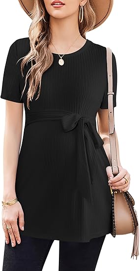 Ekouaer Maternity Tops Short Sleeve Pregnancy Shirts Tee Tunic Casual T Shirt Ribbed Knit Pregnant Clothes