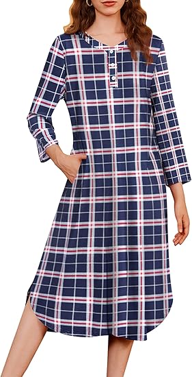 Ekouaer Womens Long Nightgowns Plaid Sleepwear Soft Loose Nightshirt 3/4 Sleeve Plus Size Housecoat with Button & Pockets
