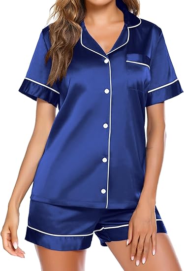 Ekouaer Pajamas for Women Set Silk Satin Pjs Button Down Sleepwear Summer Loungewear Top and Shorts Lounge Set