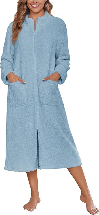 Ekouaer Women Zipper Robe Fleece Long Sleeves Bathrobe Sleepwear Warm Soft Housecoat with Pockets Zip Up House Dresses