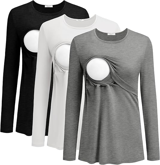 Ekouaer Women 3 Packs Nursing Shirts Long Sleeve Breastfeeding Tops Round Neck Postpartum Clothes Double Layer Maternity Tee