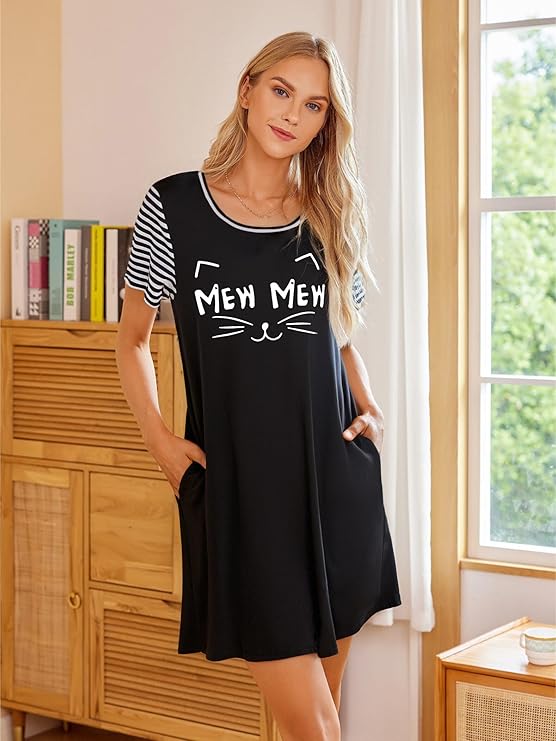 Ekouaer Nightgowns for Women Soft Sleep Shirts with Pockets Short Sleeves Printed Crewneck Nightshirt